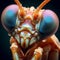 An AI illustration of a praying mantisce head with colorful colored eyes and antennae