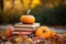 AI illustration of a quaint garden in the autumn with books and pumpkins