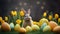 AI illustration of a rabbit standing amidst a picturesque field of colorful eggs and tulips.