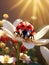 An AI illustration of a red ladybug sitting on top of white flowers