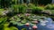 AI illustration of a serene pond filled with vibrant lily pads and water lilies