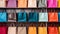 AI illustration of shopping bags in an array of colors arranged neatly in rows on wooden shelves.