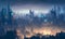 AI illustration of a snowy mountains and metropolis with a hazy sky, fall leaves, and tall buildings