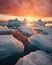 AI illustration of a stunning view of an iceberg shore illuminated by the setting sun