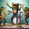 AI illustration of three frogs playing instruments together on stage