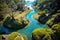 AI illustration of a tranquil stream meanders through a lush landscape of moss and trees.