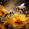 An AI illustration of two bees fly towards some yellow flowers that are flying away