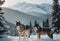 AI illustration of two gray wolves standing in front of a snow-covered mountain range.