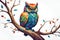 AI illustration of a vibrant, majestic owl perched atop a gnarled tree branch