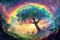 AI illustration of a vibrant rainbow-colored tree in the center of a verdant valley