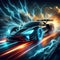 AI illustration of a vibrant sports car in front of a dramatic and sky featuring lightning streaks