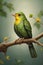 AI illustration of a vibrant yellow-headed bird gracefully perches on a slender branch
