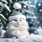 AI illustration of a white-furred cat wearing a festive Christmas-themed hat