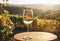 AI illustration of a wine glass placed on a rustic wooden table in a picturesque vineyard setting.