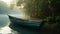 AI illustration of a wooden boat drifting peacefully on a tranquil lake, surrounded by a lush tree.