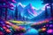 Ai-image of a fairytale-like scene, where neon-style colorful flowers illuminate the landscape