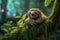 Ai Image Generative Baby Sloth Smiling and hanging from a green tree limb.