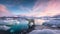 Ai Image Generative A lovely, colorful cloudscape with mountains surrounds the polar bear.