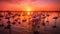 Ai Image Generative photos of a sunset along a river and a flock of flamingos.