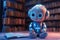AI Learn Concept. Small Baby Robotic Futuristic Technology Drone Read the Book in Library extreme closeup. Generative AI
