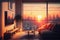 Ai midjourney illustration of a modern living room with view to tokyo city in sunset mood