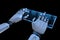 Ai mind Robot cyborg hand using computer. Hands of Robotic typing on keyboard. 3d render realistic illustration