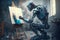 AI powered artistic robot or android learning to draw or paint on canvas. Ai generated