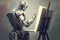 AI powered artistic robot or android learning to draw or paint on canvas. Ai generated