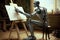 AI powered artistic robot or android learning to draw or paint on canvas. Ai generated