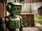 AI robot android close-up. Old dirty green metal robot on the street. Curious robot. AI generated