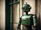 AI robot android. Old dirty green metal robot on the street. Curious robot, AI generated