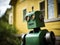 AI robot android. Old dirty green metal robot on the street. Curious robot close-up. AI generated