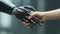 AI robot handshake a human hand. Digital and human interaction in the futuristic digital age of advanced robotics and