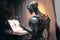 AI robot paints picture at home, humanoid robot creating as artist, generative AI