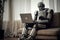 AI robot uses laptop sitting on couch at home, AI robot using a laptop while sitting on a couch at home