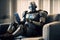 AI robot uses mobile phone sitting on couch in house room, generative AI