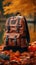 AI technology crafts backpack and accessories against a stunning autumn nature backdrop