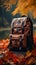 AI technology crafts backpack and accessories against a stunning autumn nature backdrop