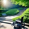 AI Wheelchair Accessible Park with Sunlit Stairs and Serene Outdoor Atmosphere