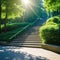 AI Wheelchair Accessible Park with Sunlit Stairs and Serene Outdoor Atmosphere