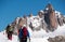 The Aiguille du Midi peak; in foreground a defocused group of mo