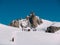 The Aiguille du Midi peak; in foreground a group of mountaineers