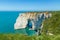 Aiguille Etretat cliff on the sea side and limestone cliffs