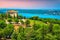 Aiguines castle and St Croix lake in background, Provence, France