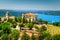 Aiguines castle and St Croix lake in background, Provence, France, Europe