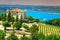 Aiguines castle with St Croix lake in background, Provence, France, Europe