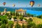 Aiguines castle and St Croix lake with hot air balloons