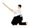 Aikido fighter illustration. Training action. Self defense, defence art excercising concept. Aikido instructor skills.