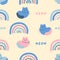 Aimalistic seamless pattern with cats, rainbows and text MEOW. Childish aesthetic print for T-shirt, fabric, textile. Hand drawn
