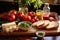 aimless spread of bread, tomato, olive oil, and garlic on table